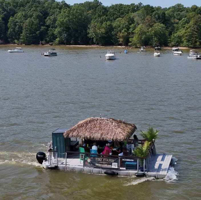 Aerial view of the Tiki Splash boat on the river